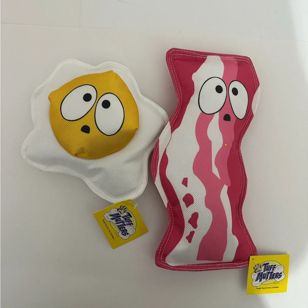 NWT Tuff Mutters Bacon and Egg Dog Toys Set of 2 Durable Plush Squeaky Pet Chews